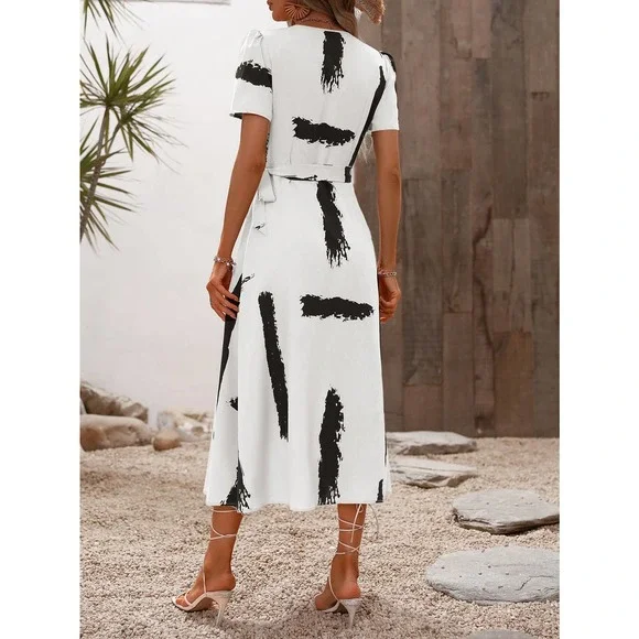 minimalist Brush Print Knot Side Wrap midi Dress black white - Picture 2 of 12